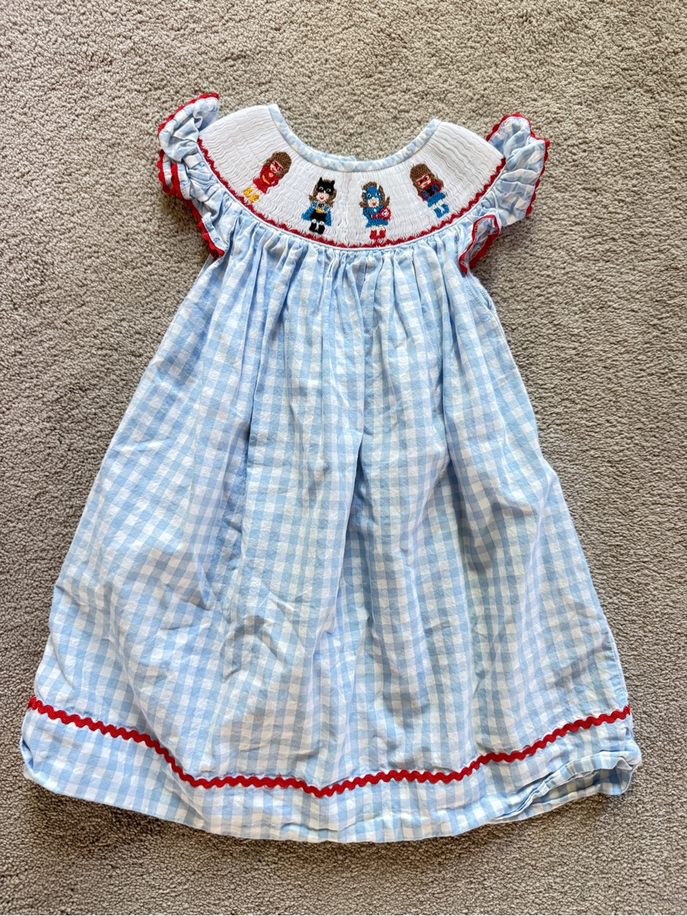 Smocked Blue Gingham Girls' Dress with Red Trim 2T super hero women